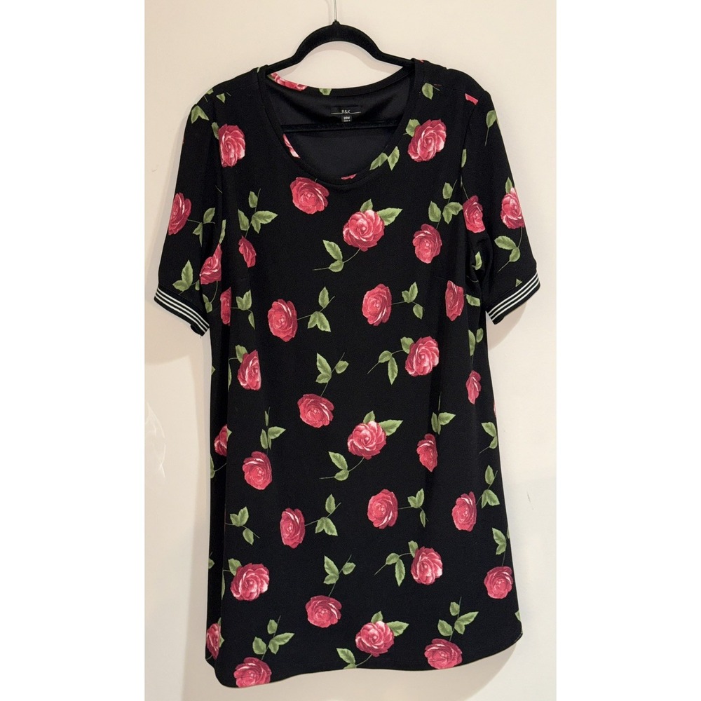 R&K Plus Size 20W 2X Floral Rose Print Black Shift Athleisure Streetwear Dress